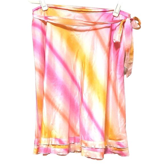 Ann Taylor Silk Skirt Women's Size12 Pink Orange Wrap Look Tie Ruffle 24 In Long - Picture 1 of 9